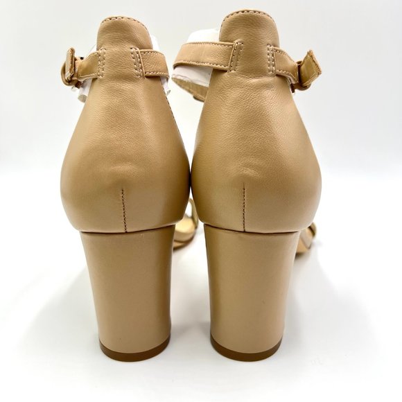 Nine West Size 10 Natural Nude Tan Beige Leather Block Heels Sandals Shoes - Picture 7 of 14